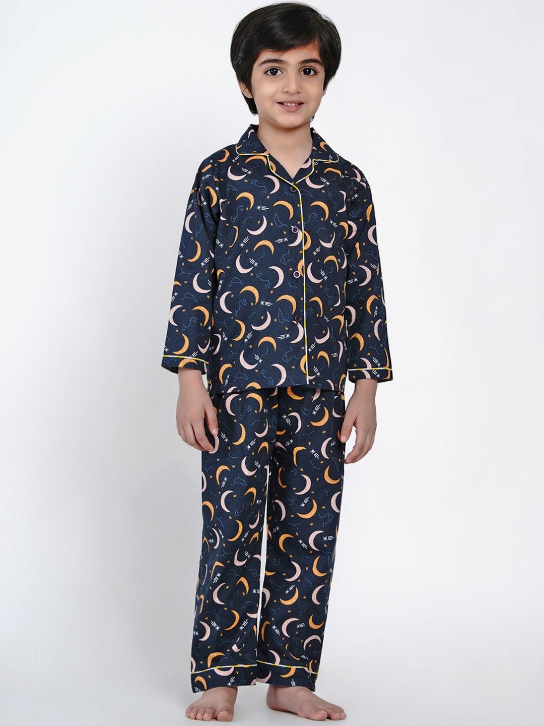 berrytree Unisex Kids Navy Blue & Yellow Organic Cotton Printed Night Suit
