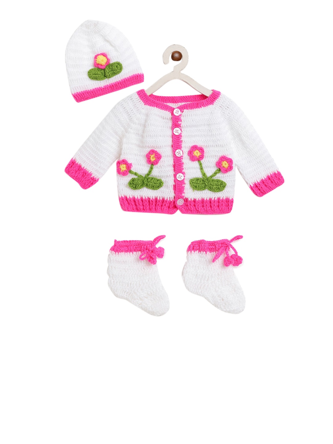 

CHUTPUT Kids White Self Design Cardigan Sweater & Beanie