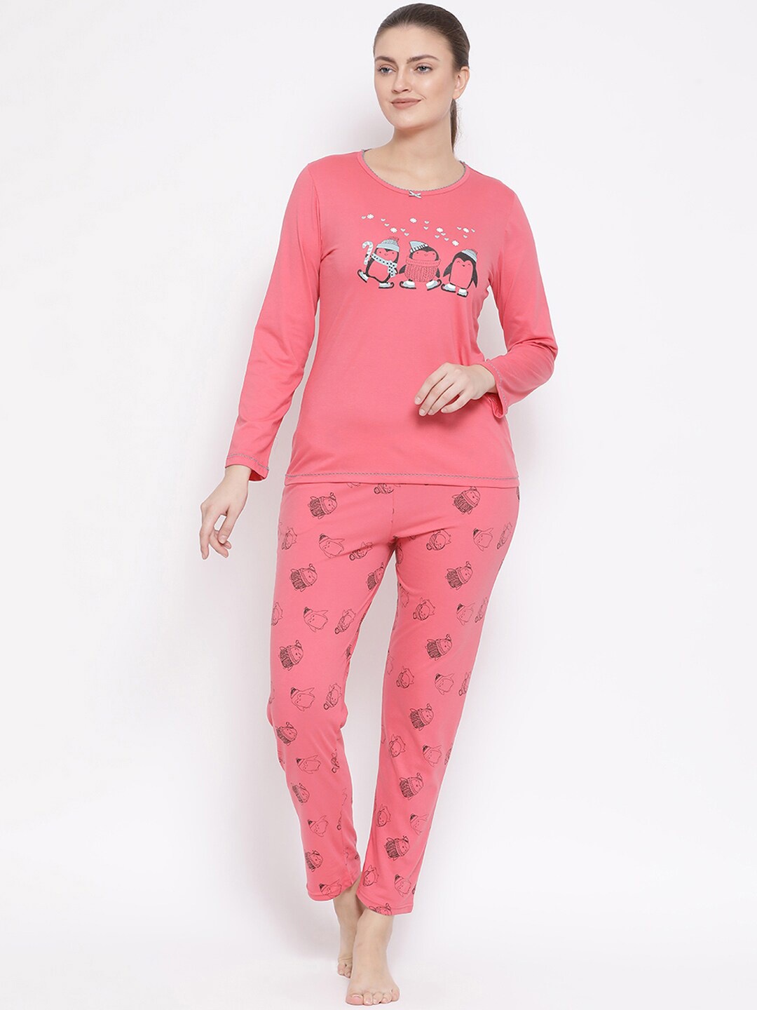 

Kanvin Women Pink & Grey Printed Night suit