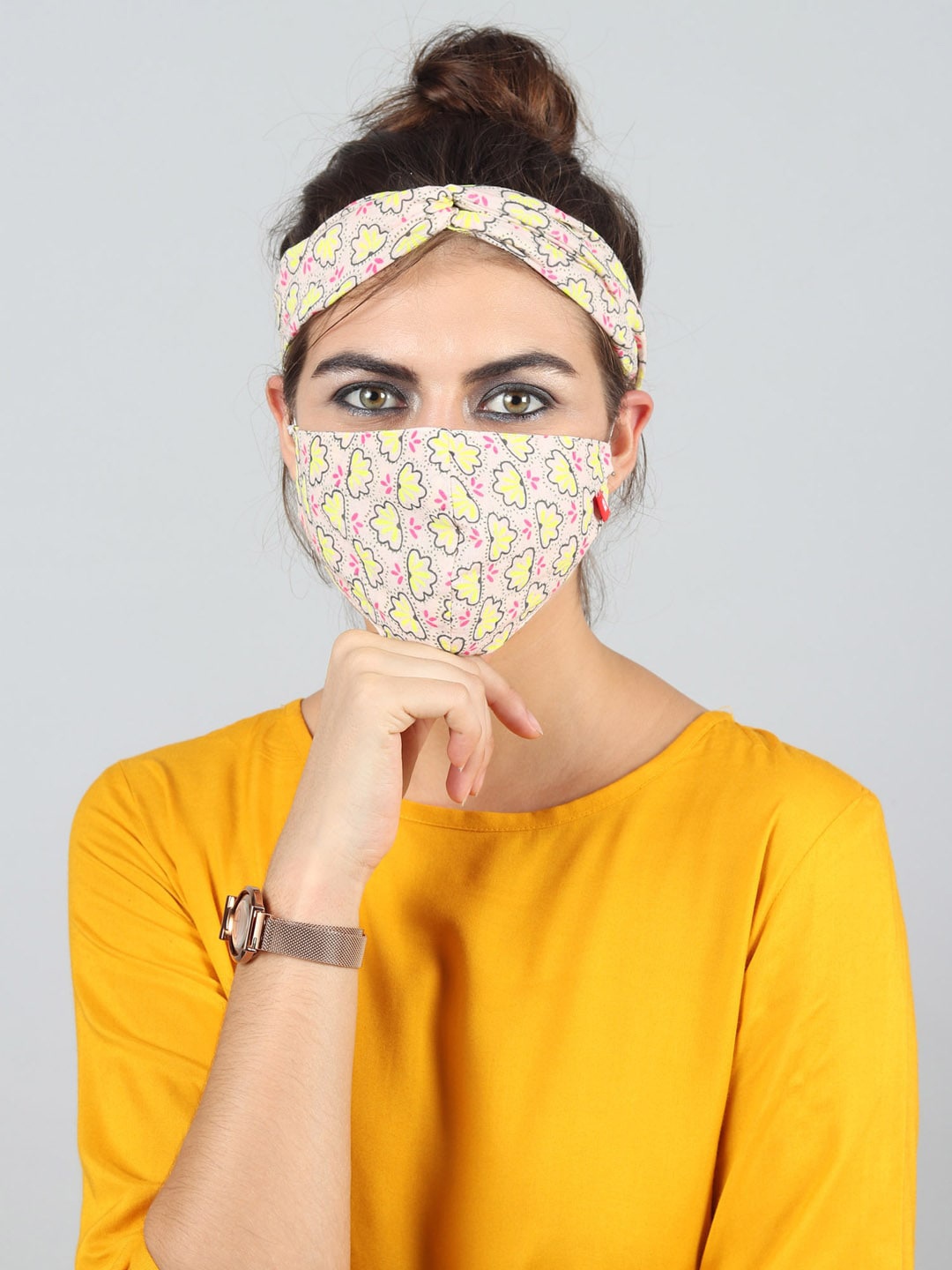 Swiss Design Women Green Single 2-Ply Outdoor Mask Criss Cross Head Band & 1 Hair Band, Cream