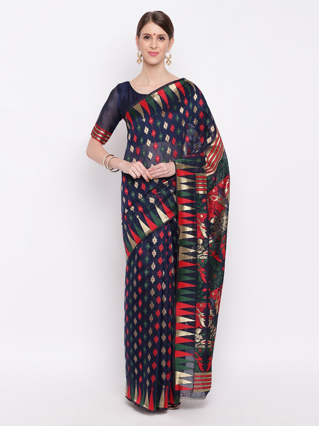 

Vbuyz Navy Blue Cotton Blend Woven Design Block Print Saree