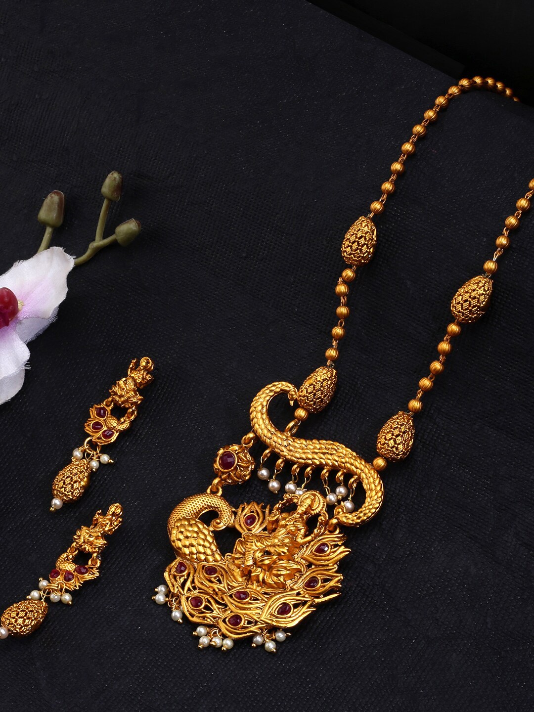 

Yellow Chimes Gold-Plated Red Stone-Studded Temple Handcrafted Jewellery Set