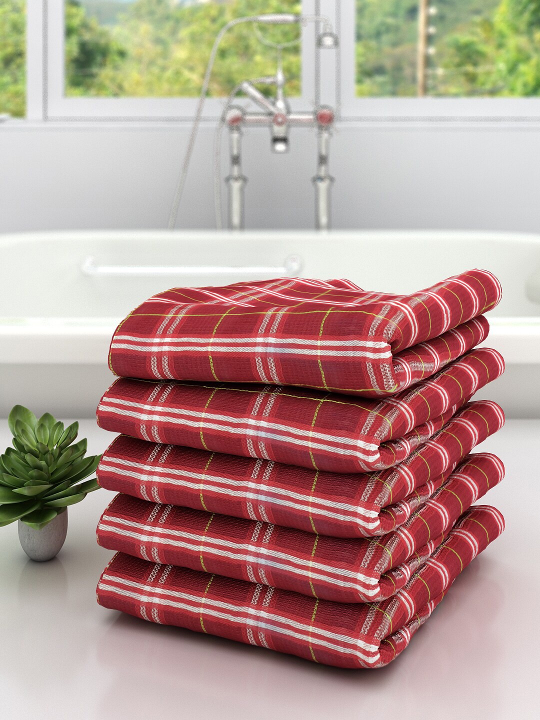 

Athom Trendz Set of 5 Maroon & White Checked 210 GSM Premium Bath Towels