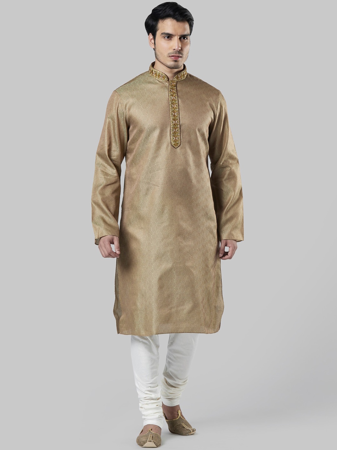 Ethnix by Raymond Men Green & Beige Woven Design Straight Kurta