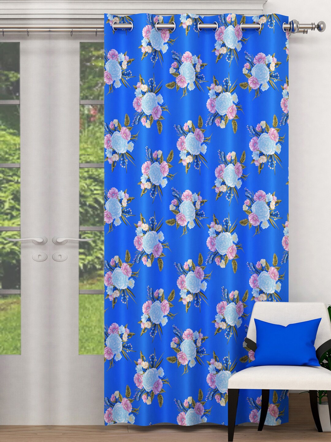 

Kuber Industries Blue Floral Single Door Curtain