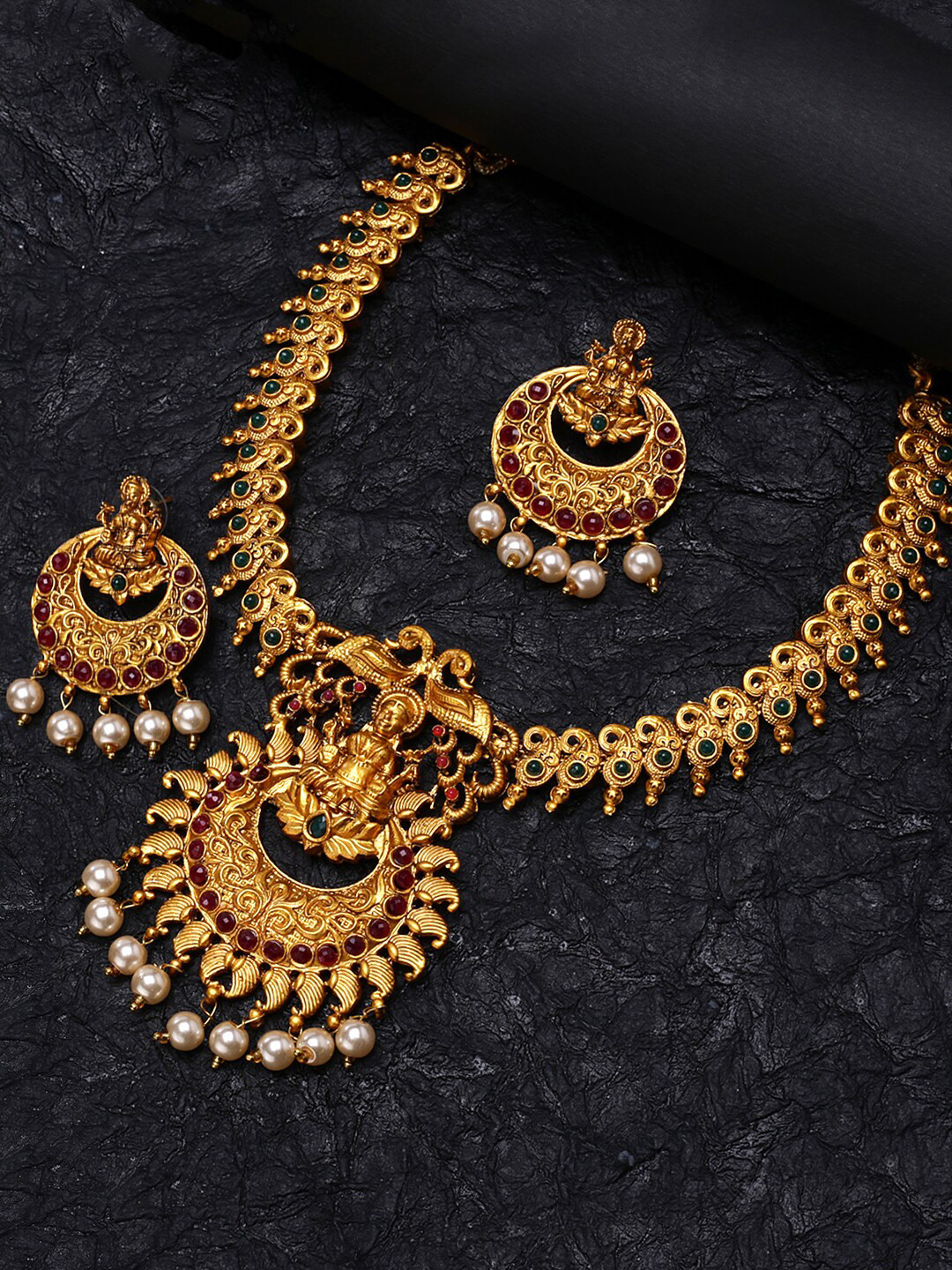 

Yellow Chimes Gold-Plated Stone-Studded Goddess Lakshmi Temple Jewellery Set