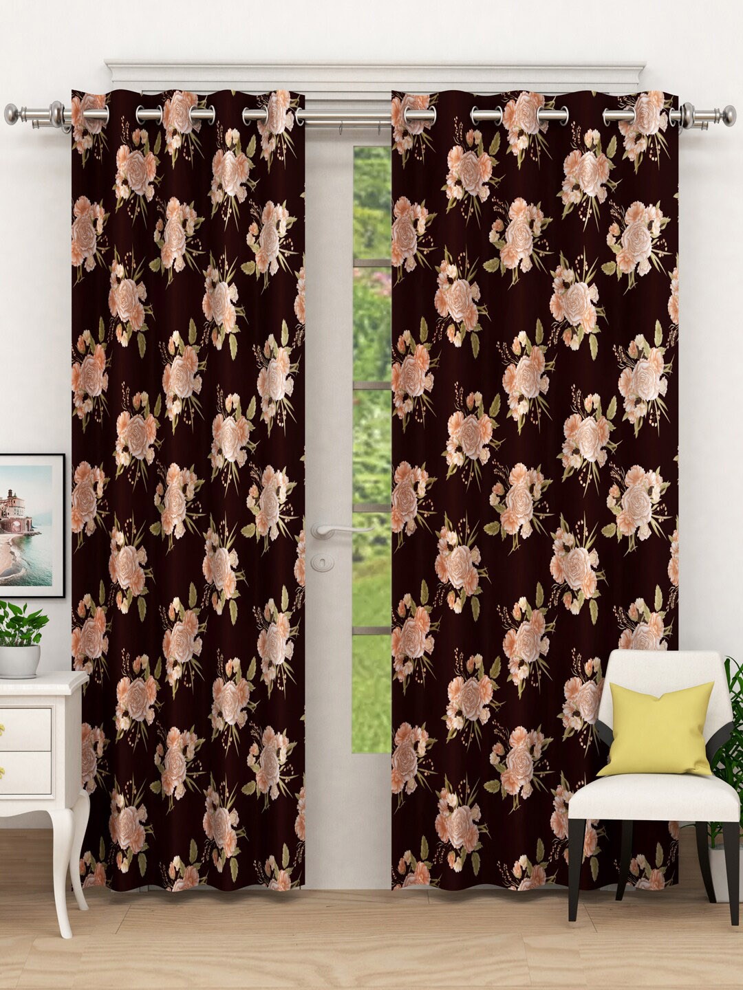 

Kuber Industries Brown & Pink Floral Set of 2 Door Curtains