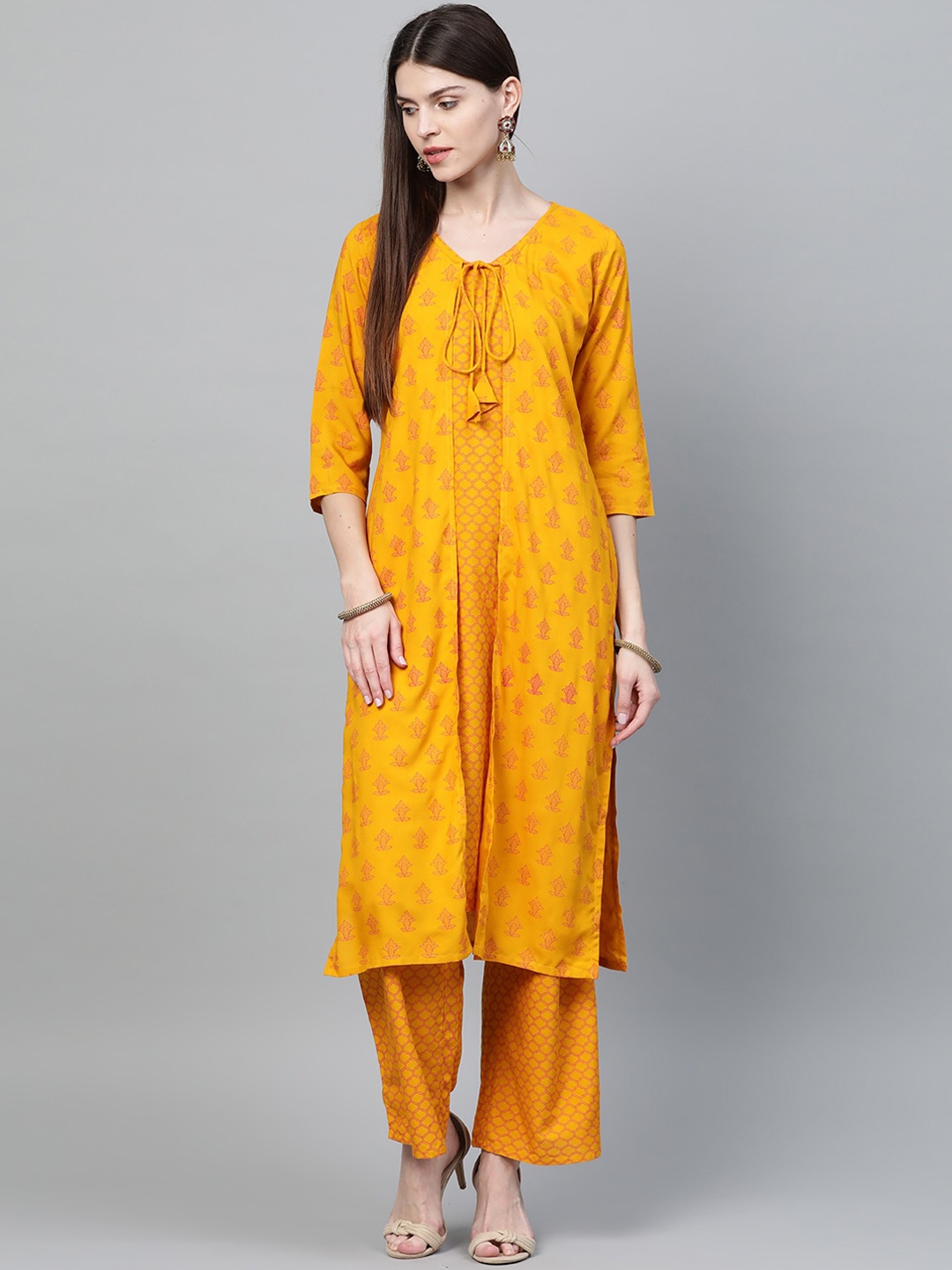 

ZIYAA Women Mustard Yellow & Pink Floral Print Straight Kurta