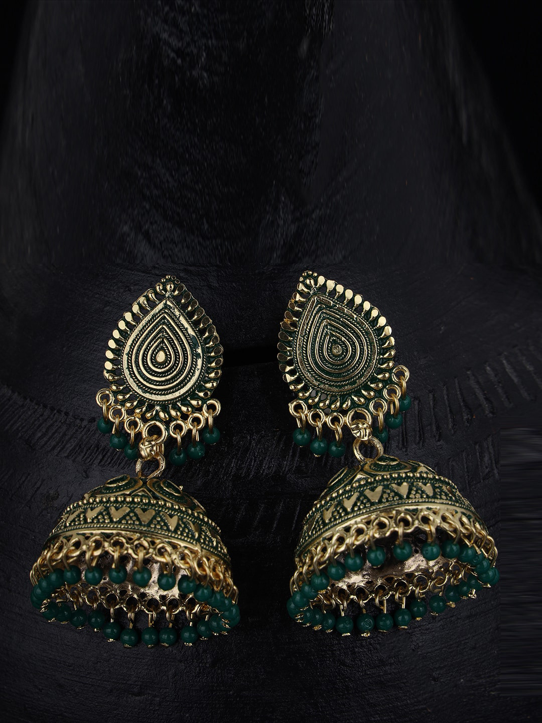 

ANIKAS CREATION Green & Gold Dome Shaped Jhumkas