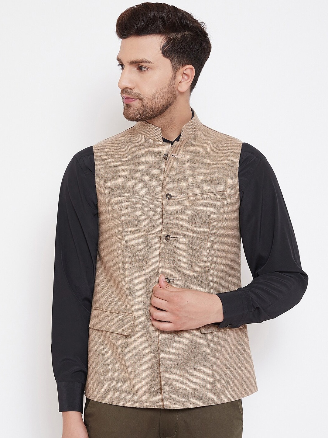 

Spirit Men Beige Woven Design Nehru Jacket