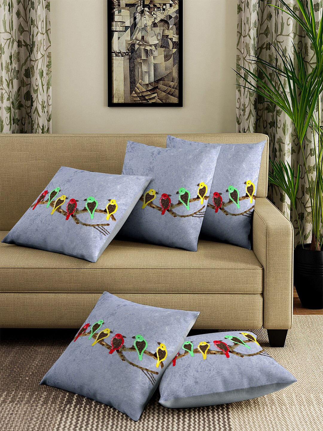 

DREAM WEAVERZ Silver-Toned Set of 5 Embroidered Square Cushion Covers