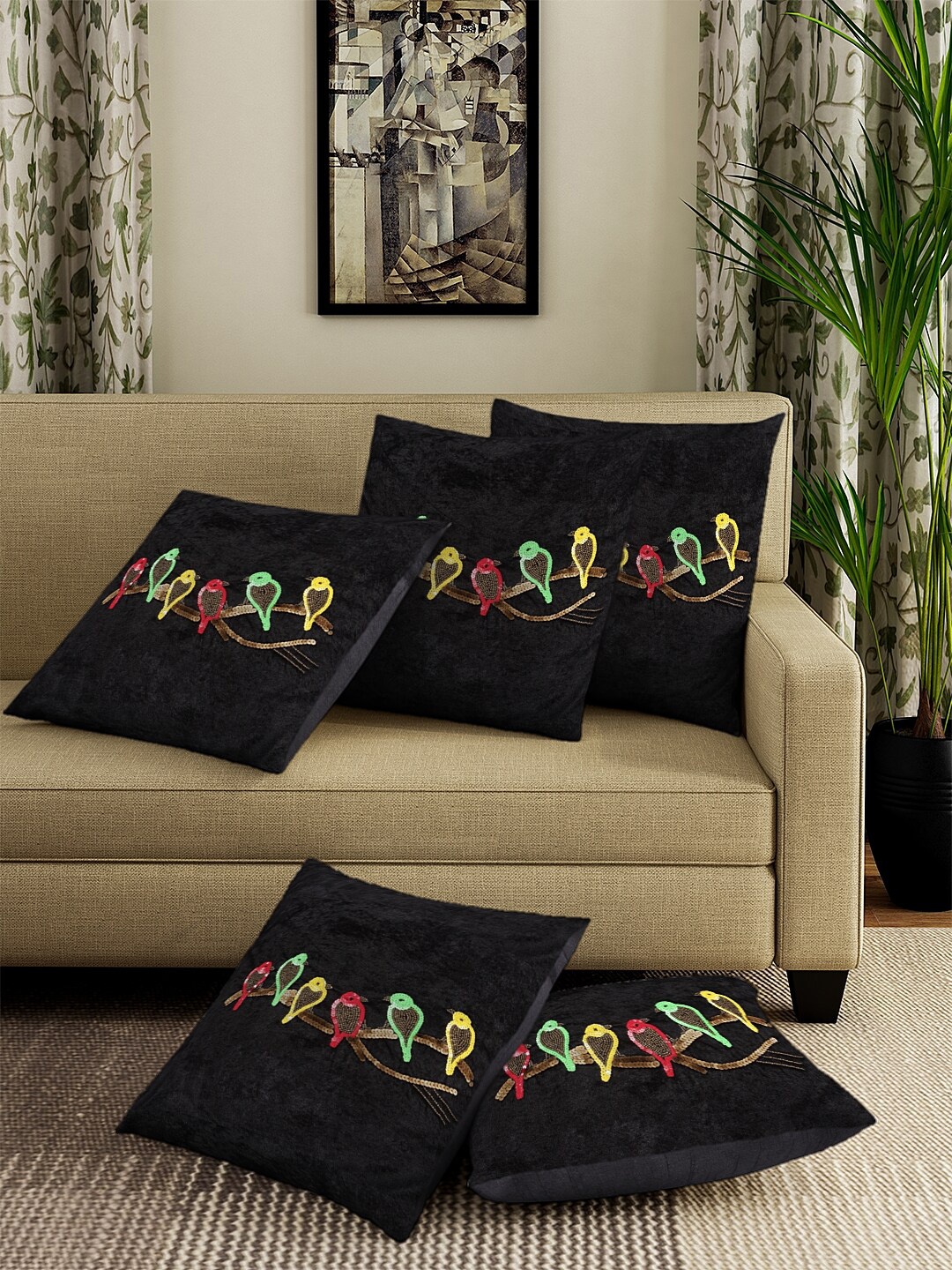 

DREAM WEAVERZ Black Gold-Toned Set of 5 Embellished Square Cushion Covers
