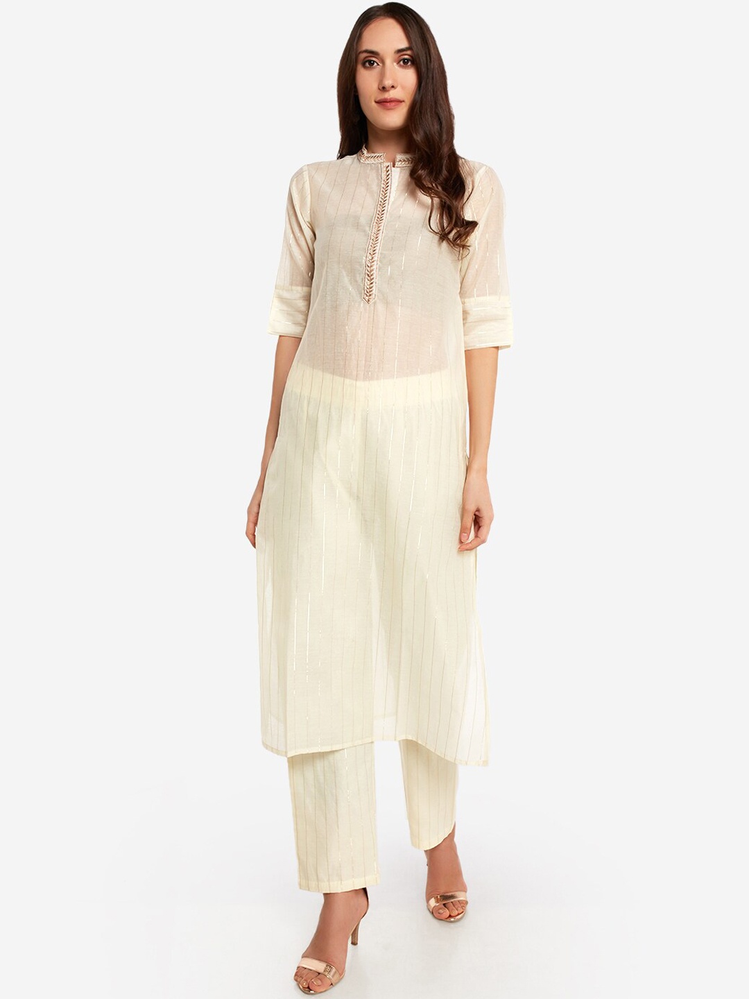 

Desi Weavess Women Off-White Striped Kurta with Trousers