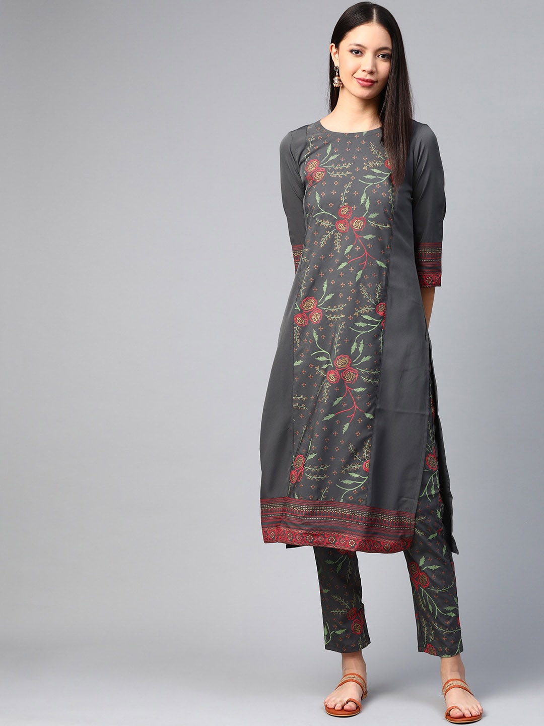 

ZIYAA Women Grey & Green Printed A-Line Kurta