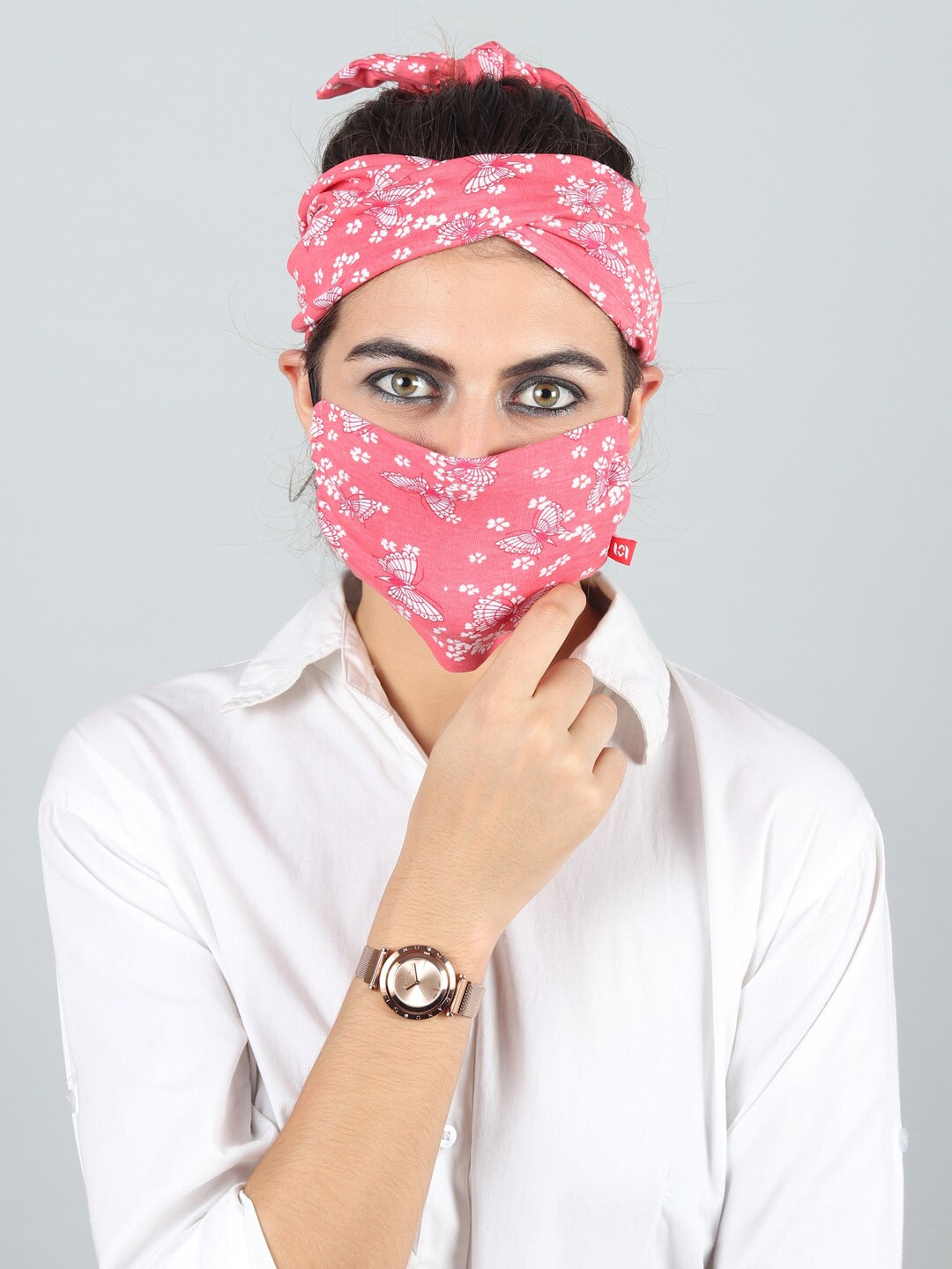 

Swiss Design Women Pink Reusable 2-Ply Cloth Mask With Headband & Hair Band