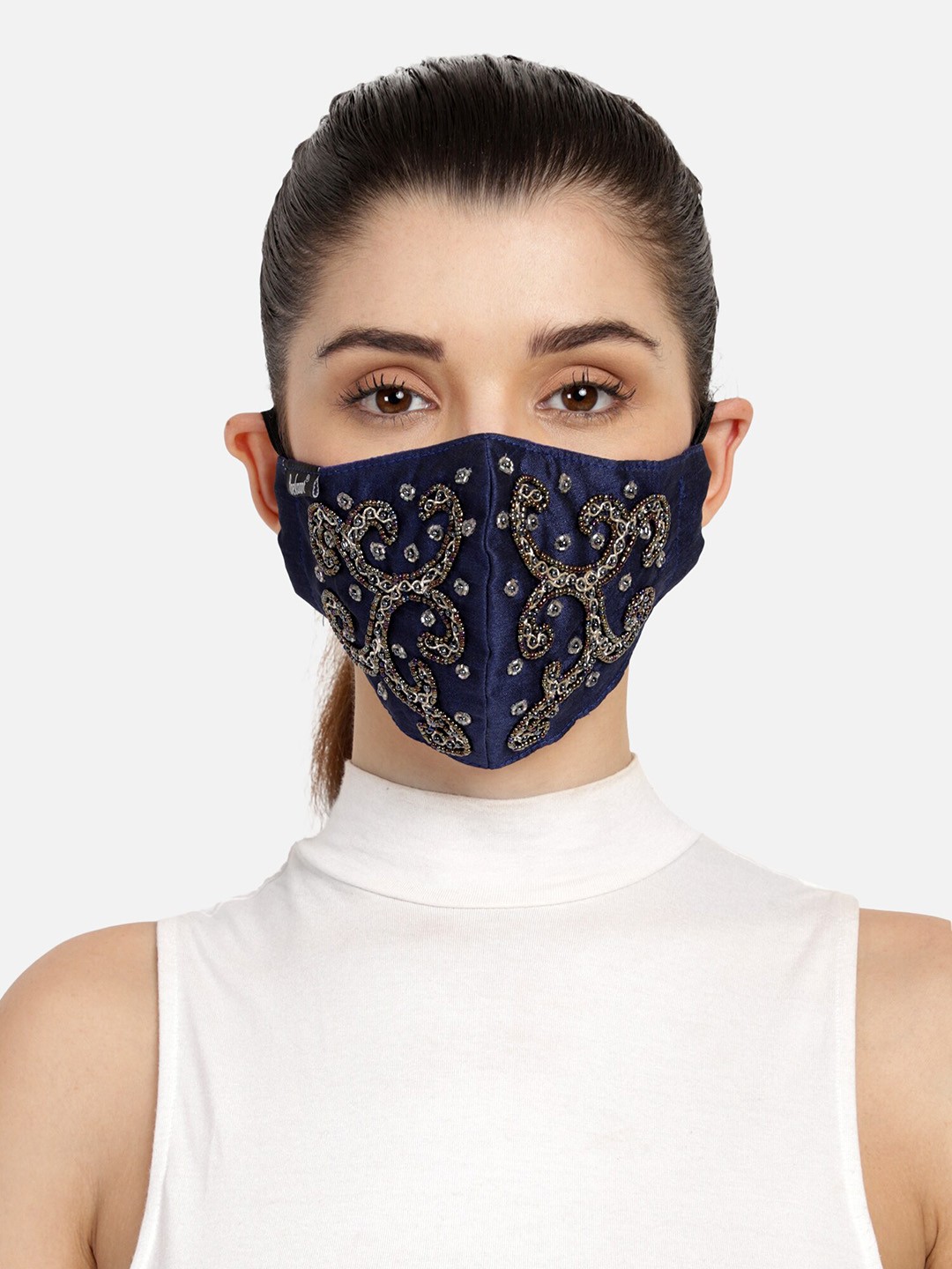 Anekaant Women Navy Blue & Gold-Toned Art Silk Embellished 3-Ply Reusable Cloth Mask