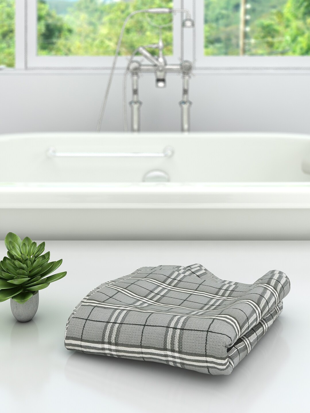 

Athom Trendz Unisex Grey & White Checked 210 Cotton Bath Towel
