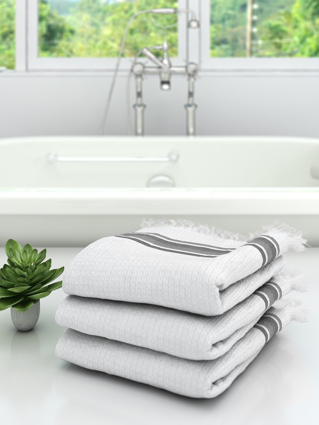 

Athom Trendz Unisex Pack Of 3 White & Grey Striped 210 GSM Premium Bath Towels