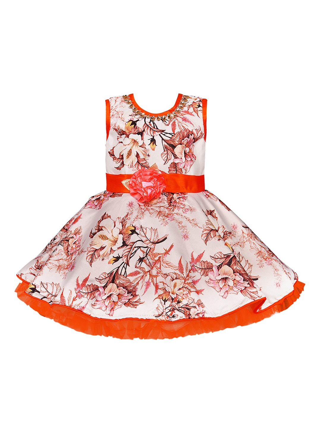 Wish Karo Girls Orange Printed Fit and Flare Dress
