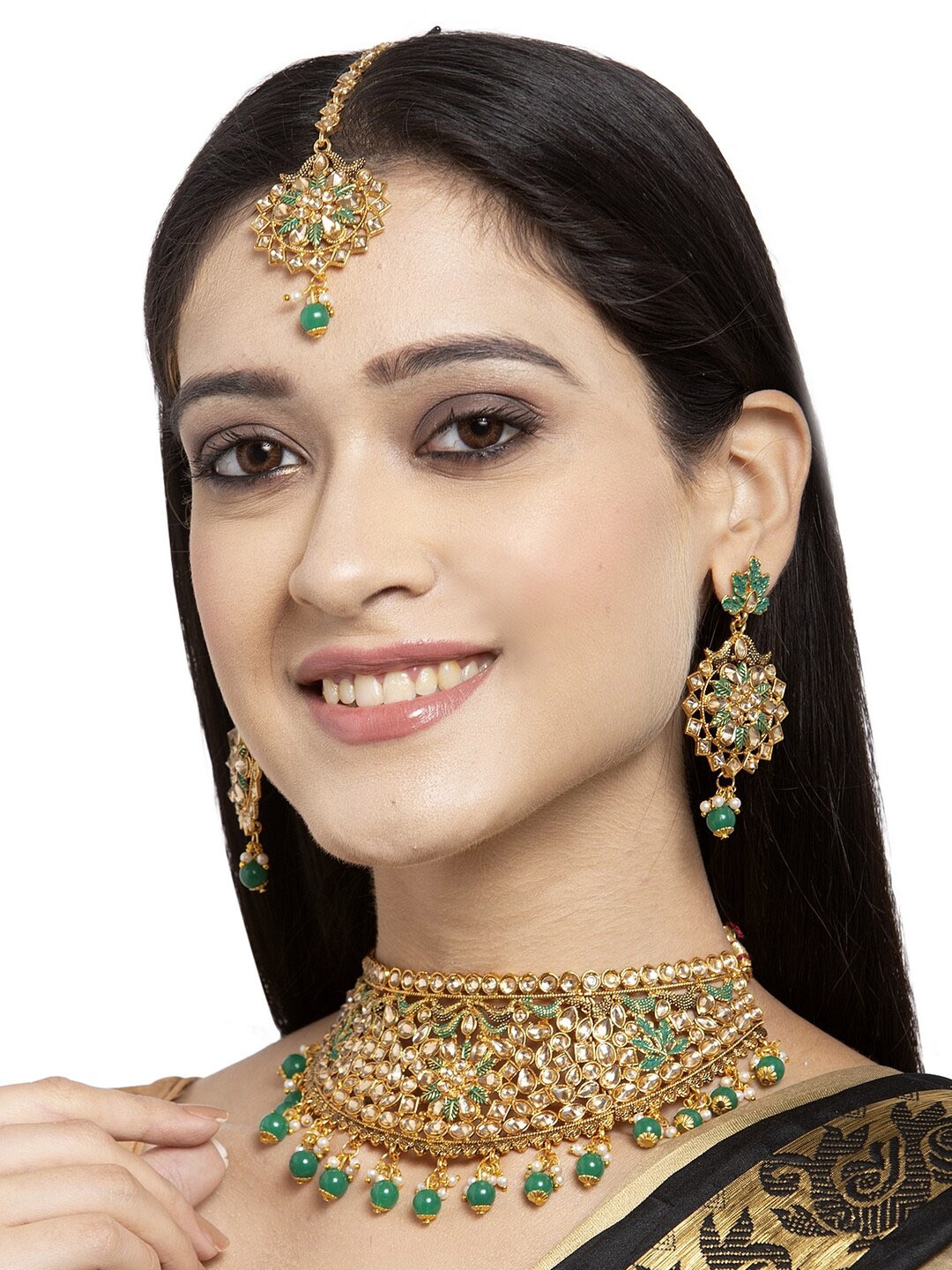 ANIKAS CREATION Gold-Plated & Green Artificial Stones Enamelled Jewellery Set