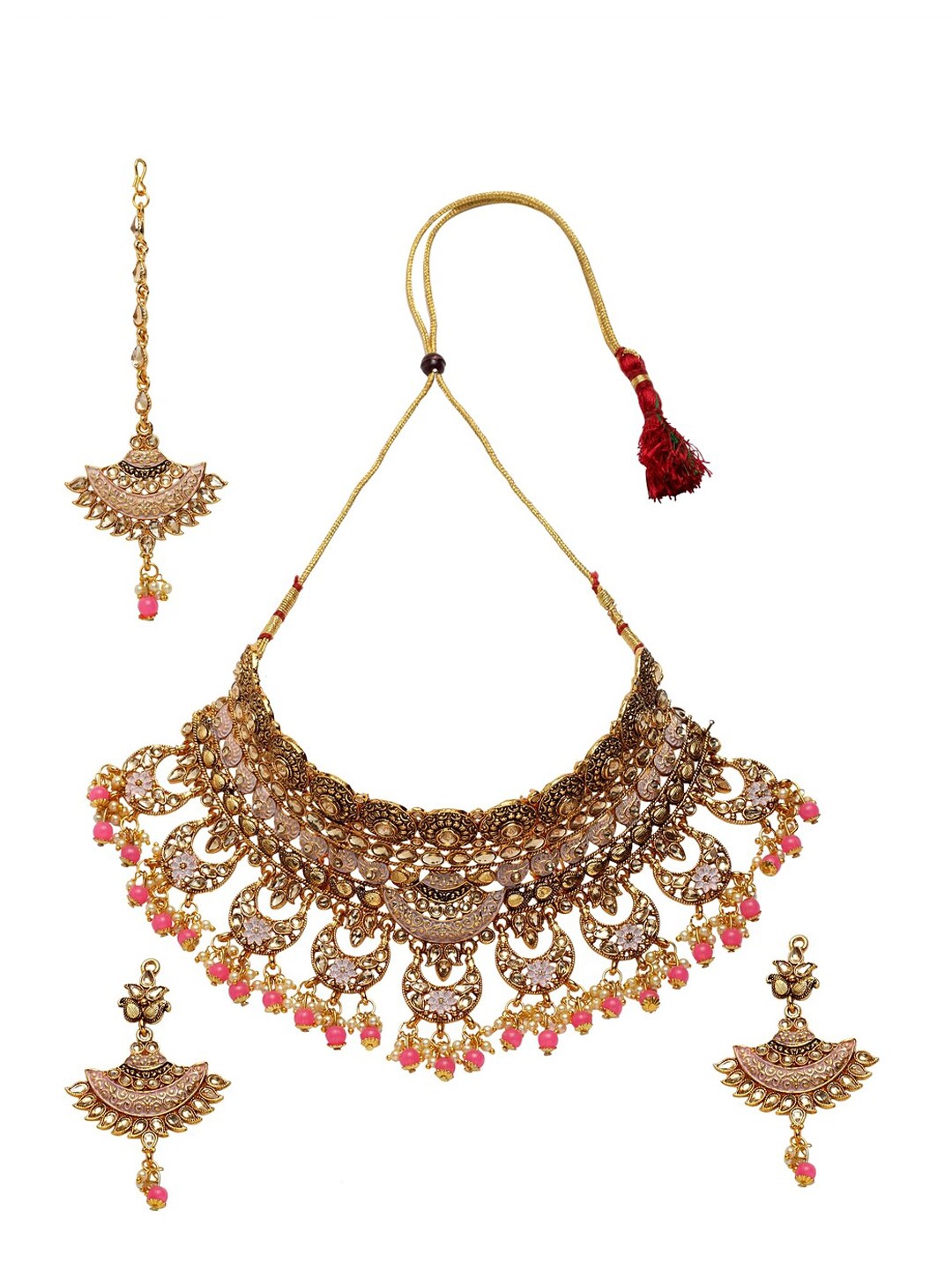 

ANIKAS CREATION Gold-Plated Pink & Beige Stone-Studded Beaded Enamelled Sustainable Handcrafted Jewellery Set