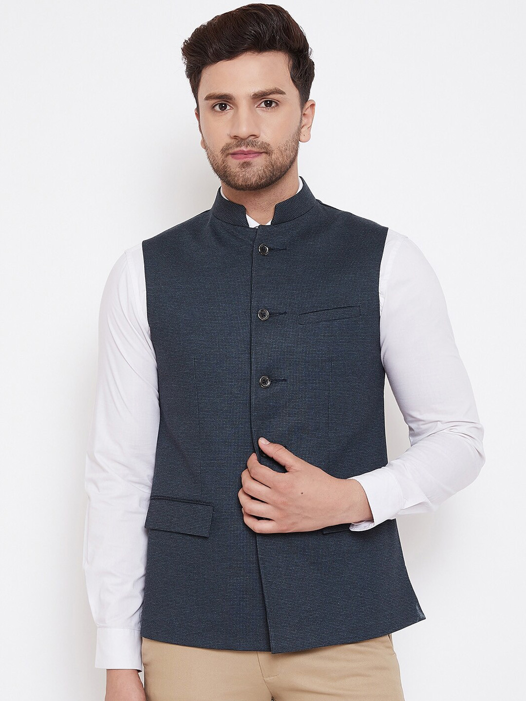 

Spirit Men Blue Woven Design Nehru Jacket