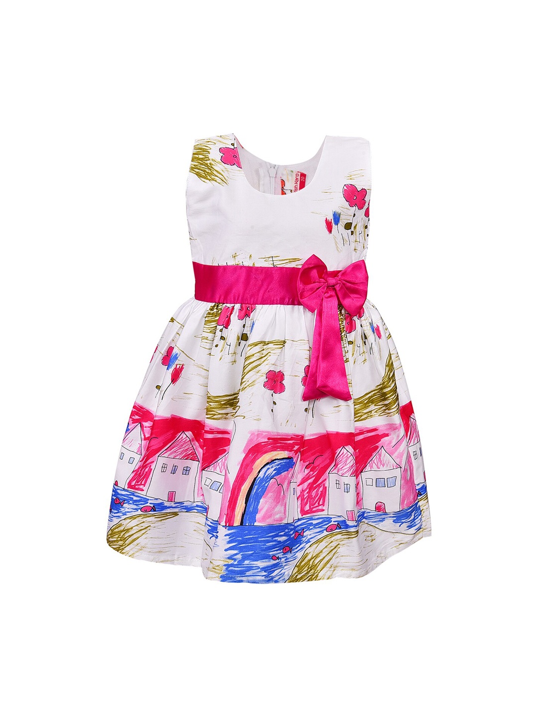 

Wish Karo Girls White & Pink Printed Fit and Flare Dress