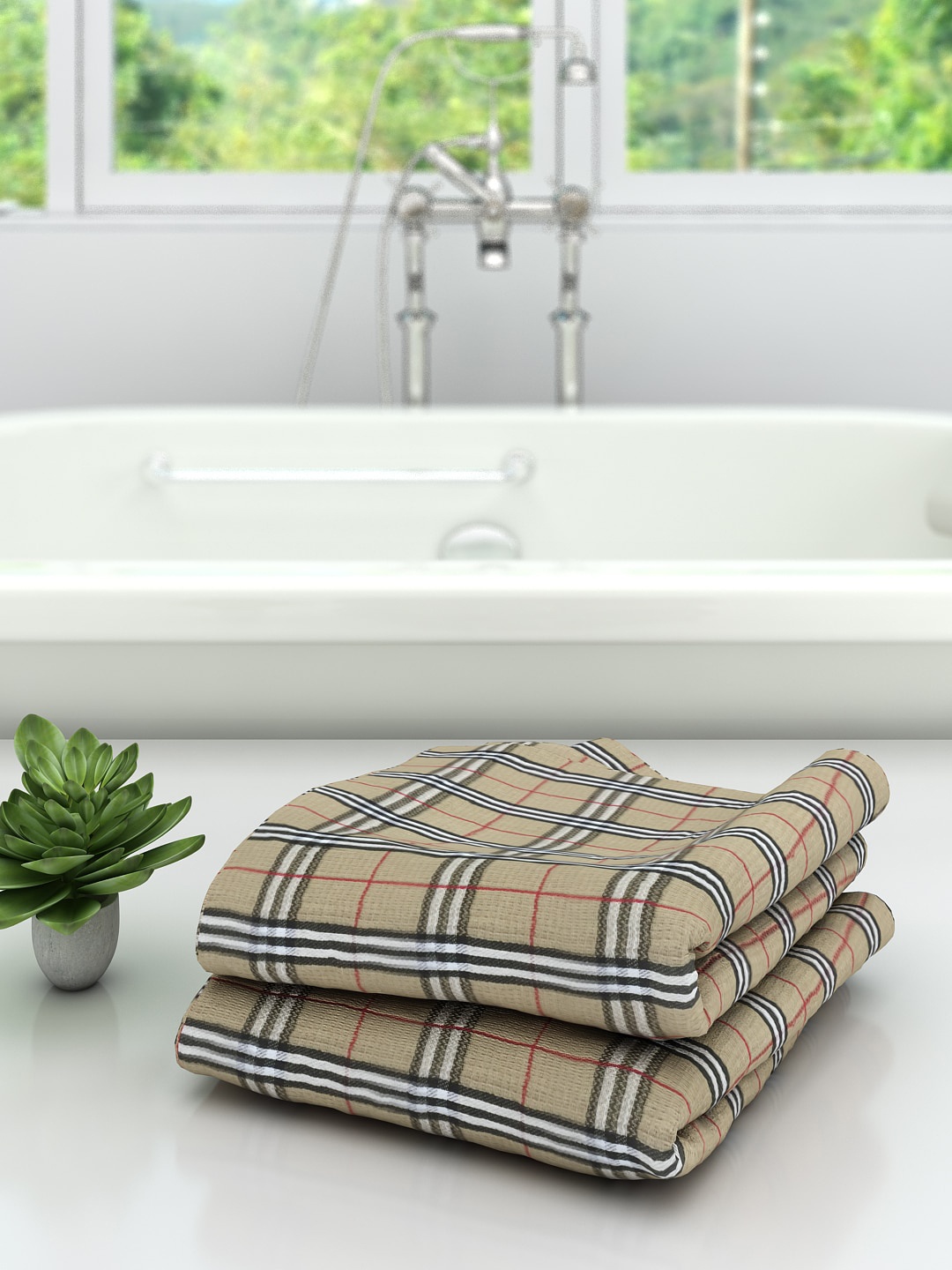 

Athom Trendz Unisex Set of 2 Beige & Black Checked 210 GSM Bath Towels