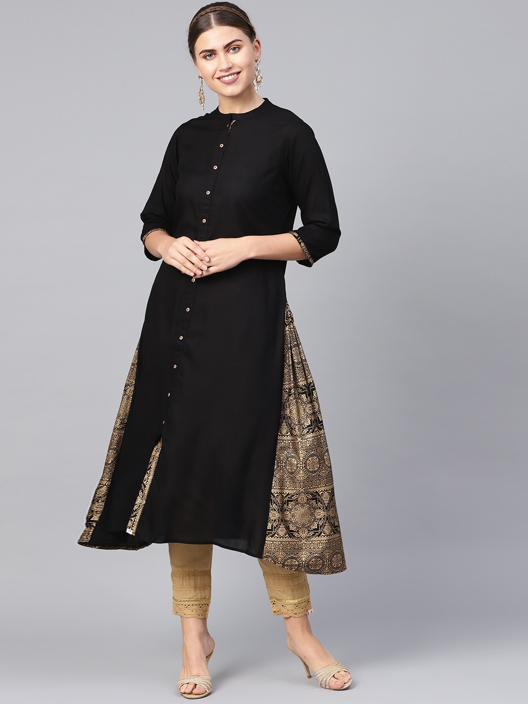 

Juniper Women Black & Gold-Toned Solid A-Line Kurta