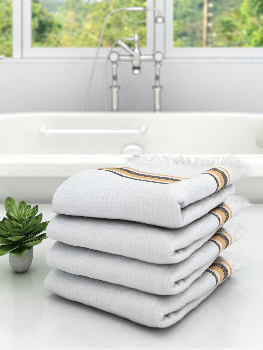 

Athom Trendz Unisex Pack Of 4 Off-White & Beige Striped 210 GSM Premium Bath Towels