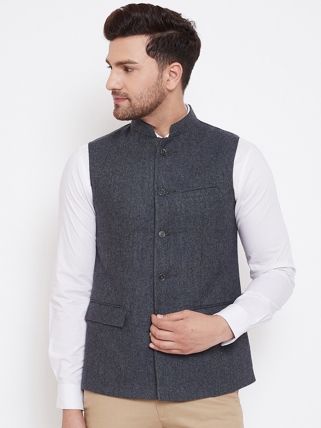 

Spirit Men Charcoal Grey Solid Nehru Jacket