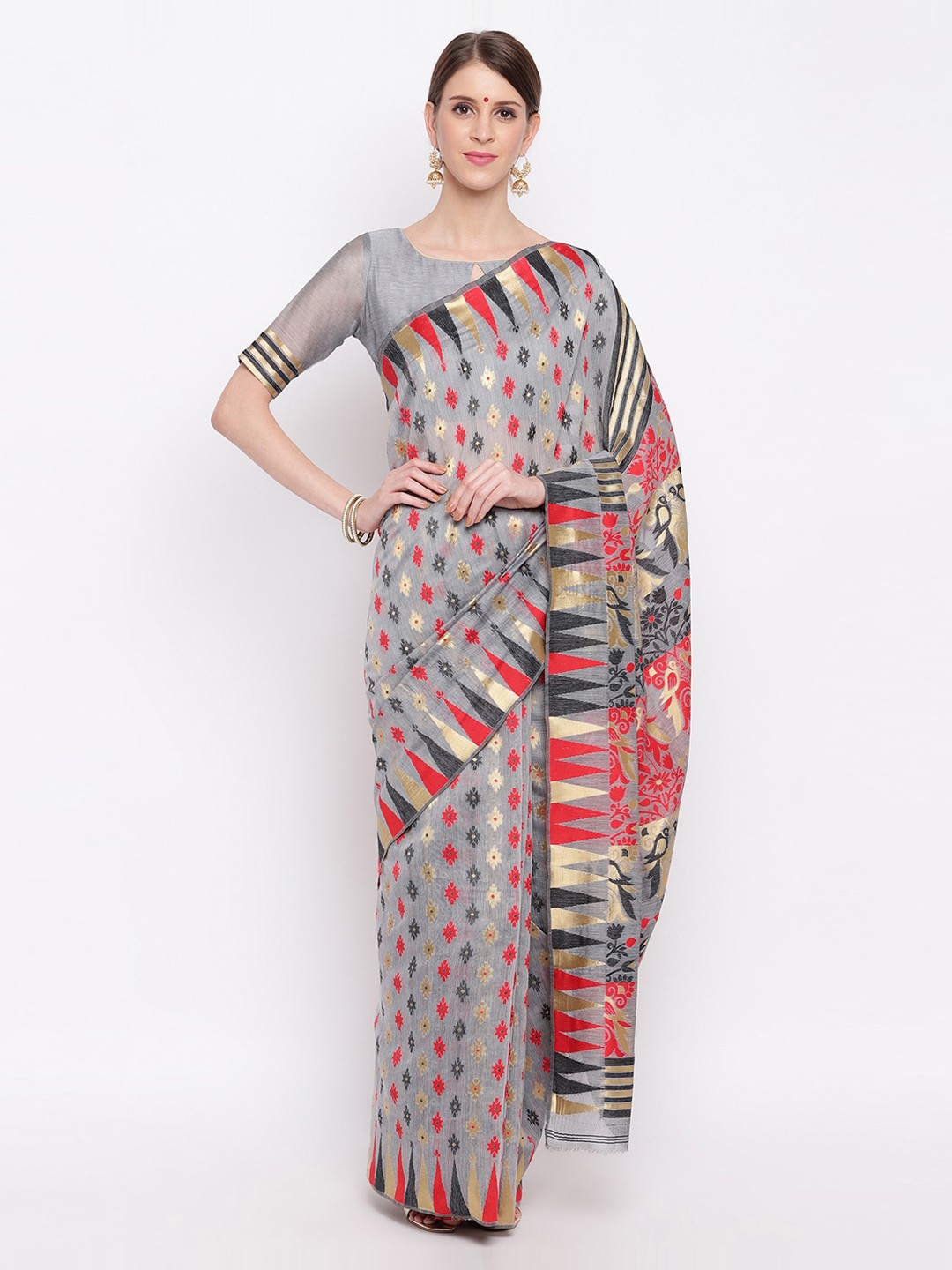 

Vbuyz Grey & Red Cotton Blend Woven Design Block Print Saree