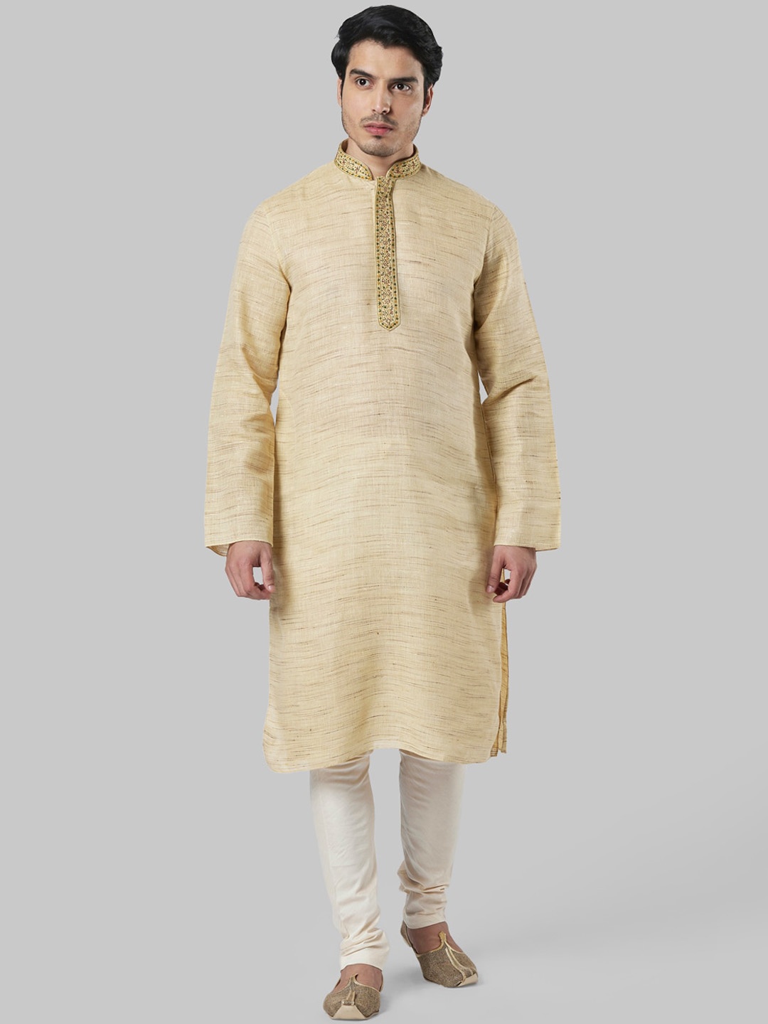 

Ethnix by Raymond Men Beige Woven Design Straight Kurta