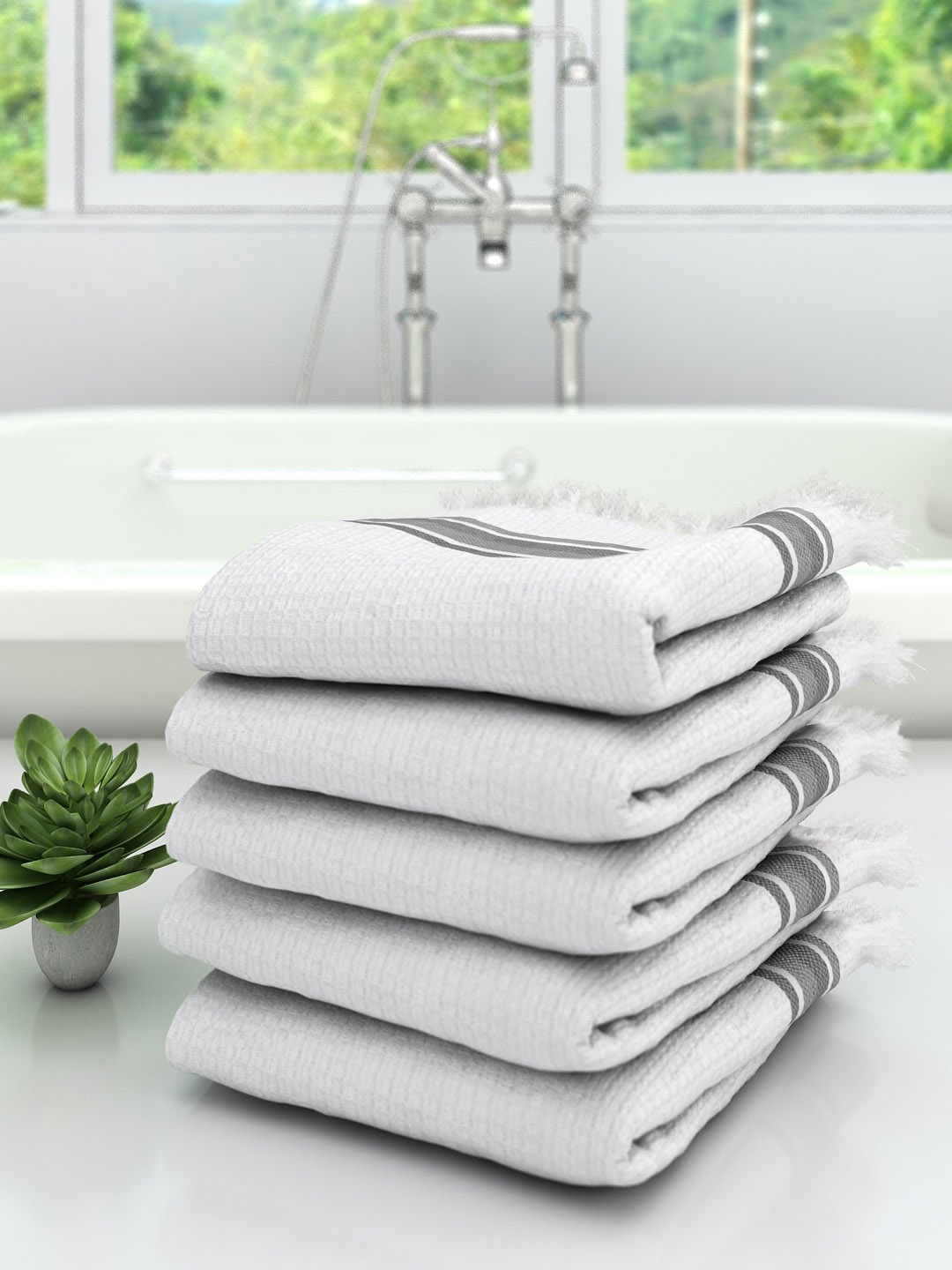 

Athom Trendz Unisex Pack Of 5 White & Grey Striped 210 GSM Premium Bath Towels