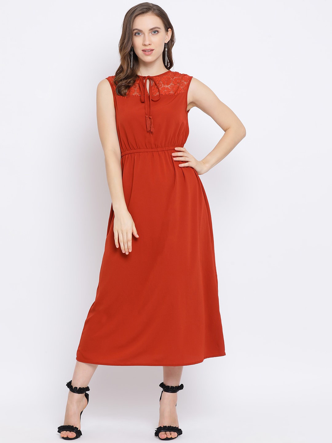 

Oxolloxo Women Rust Orange Solid A-Line Dress