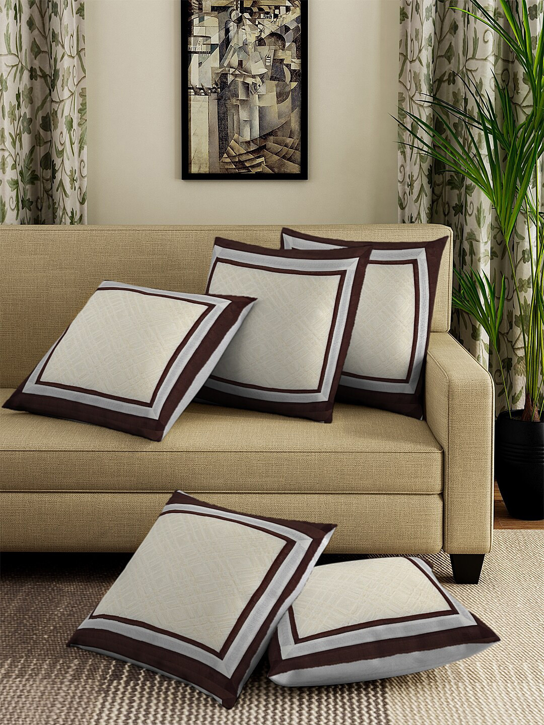 

DREAM WEAVERZ White & Black Set of 5 Self Design Square Cushion Covers