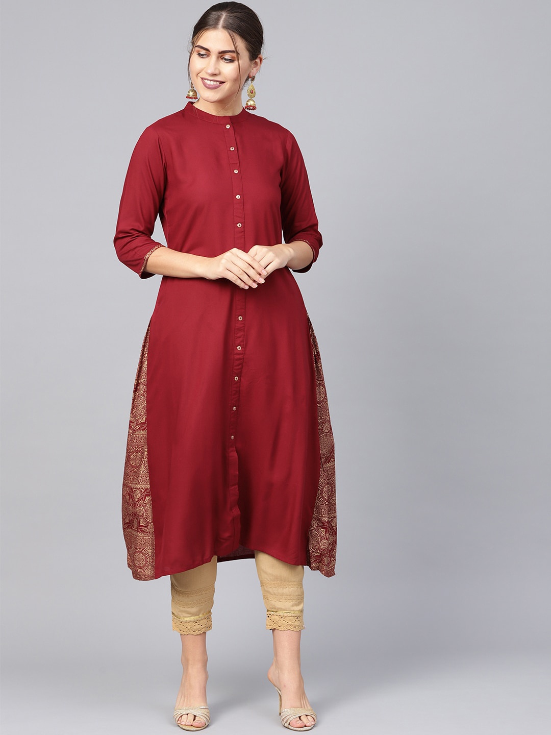 

Juniper Women Maroon & Gold-Toned Solid A-Line Kurta