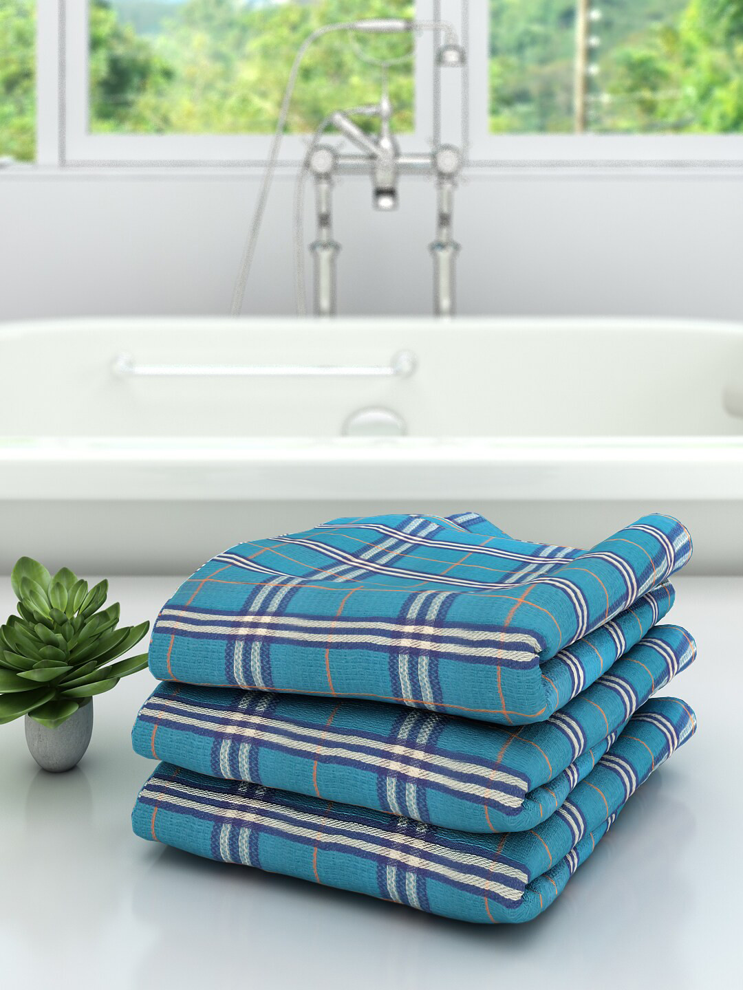 

Athom Trendz Pack of 3 Blue & White Checked 210 GSM Bath Towels
