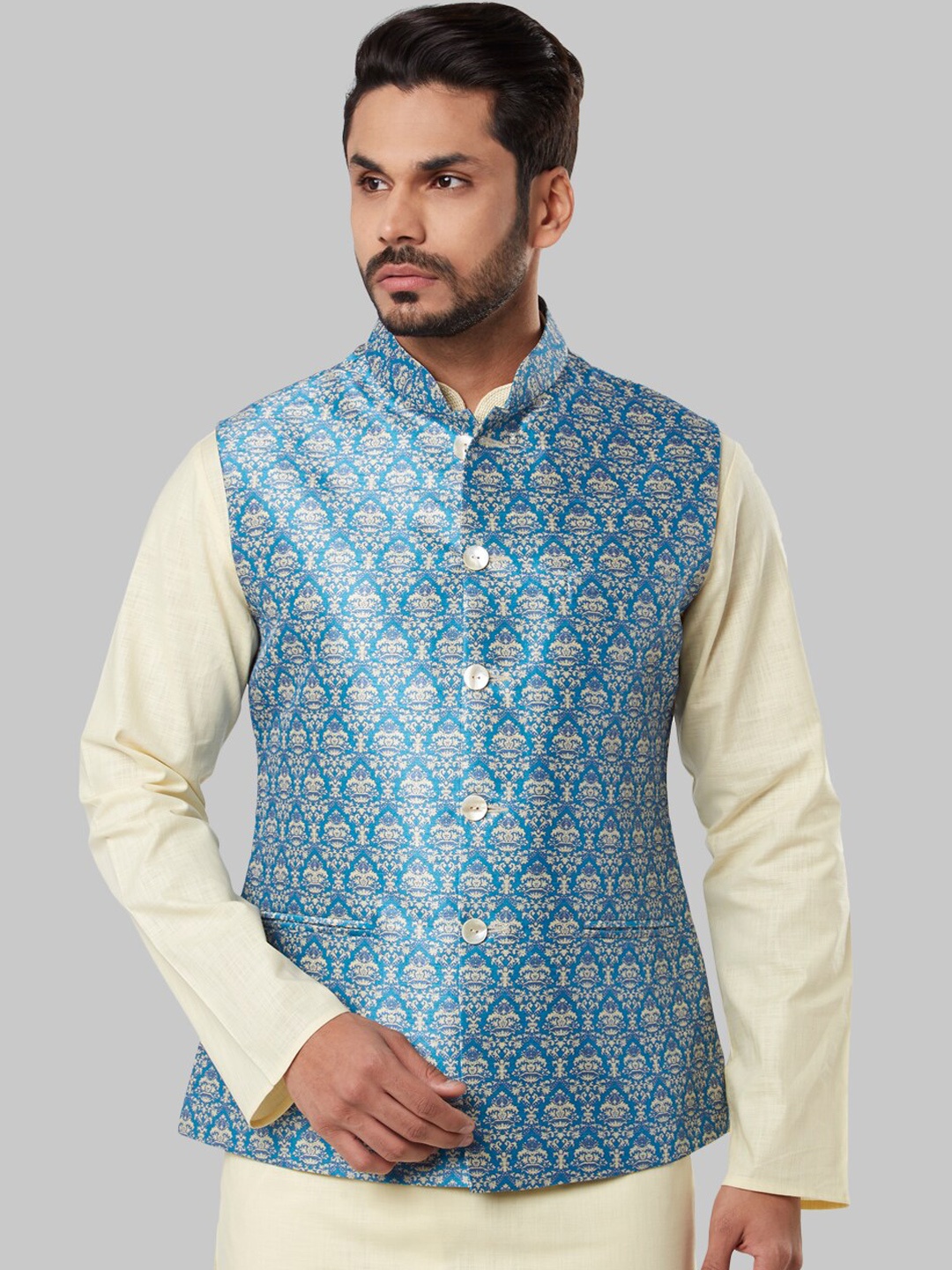 

Ethnix by Raymond Men Blue & Beige Printed Nehru Jacket
