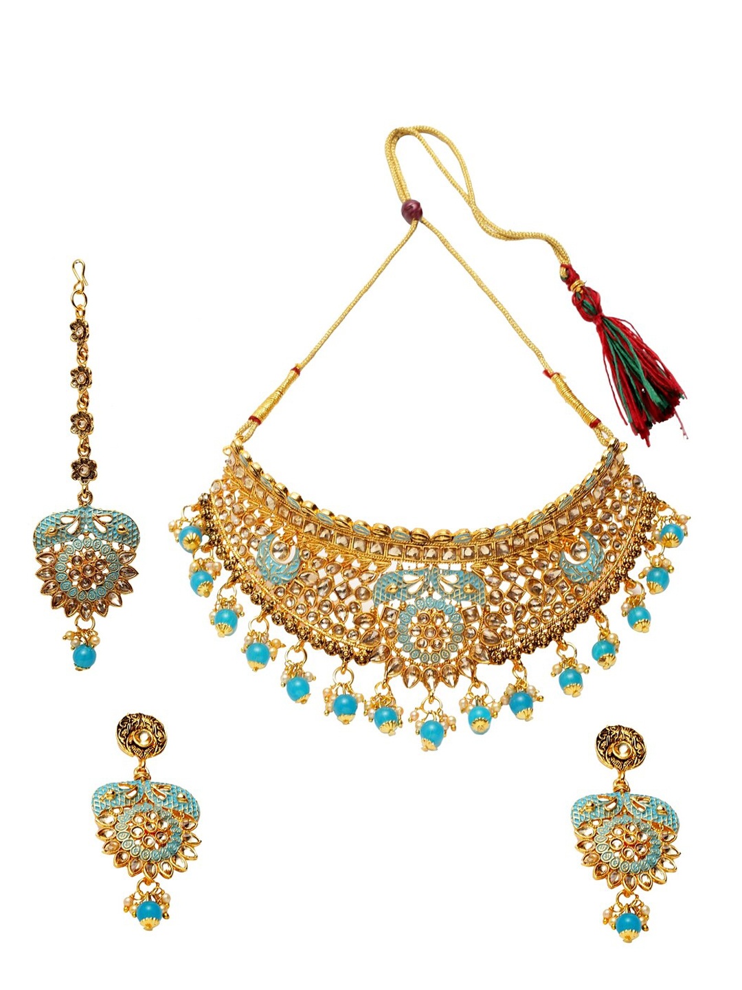

ANIKAS CREATION Gold-Plated Turquoise Blue & White Stone-Studded Beaded Enamelled Sustainable Handcrafted Jewellery Set