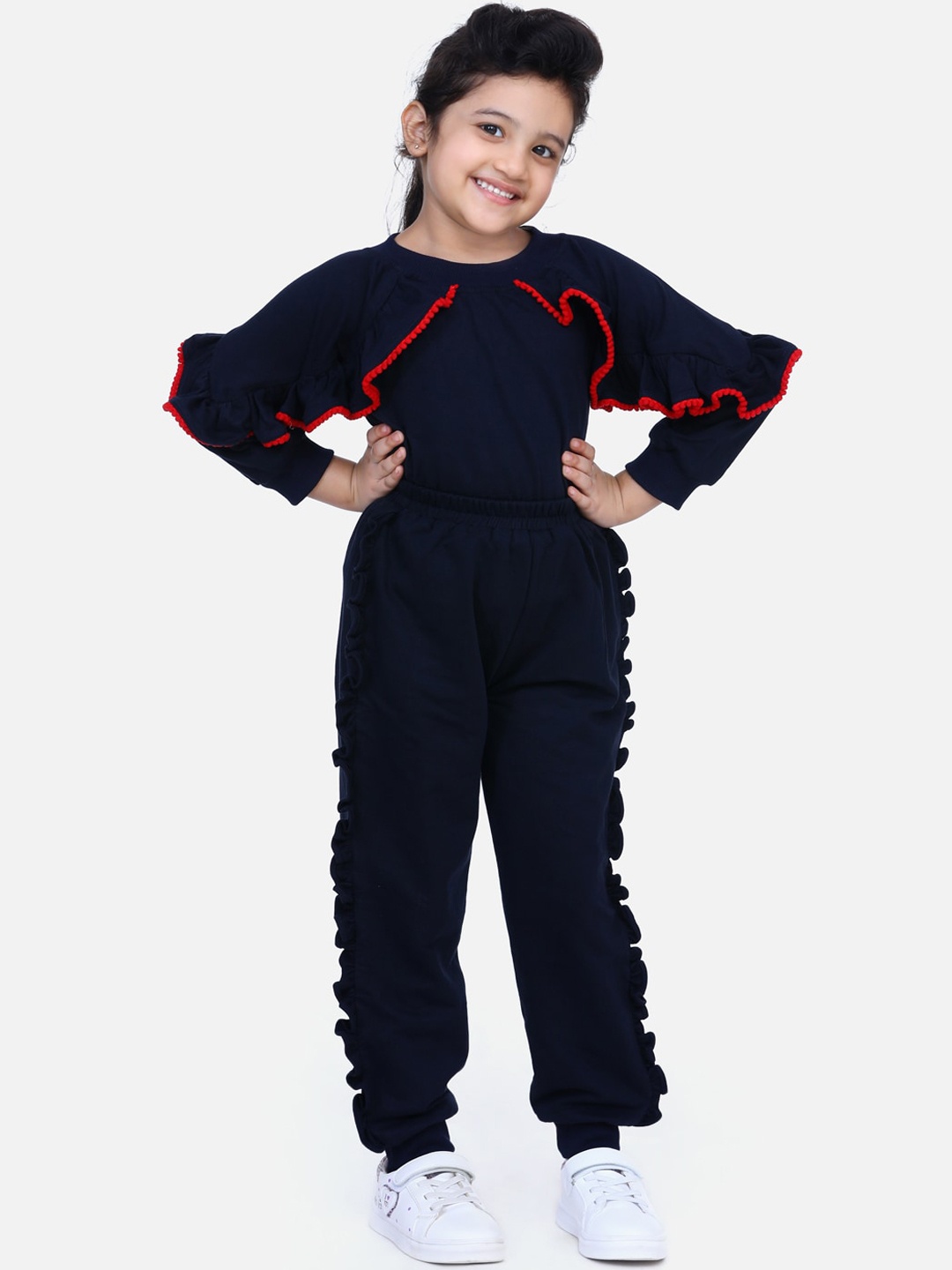 LilPicks Girls Navy Blue Solid Top with Trousers