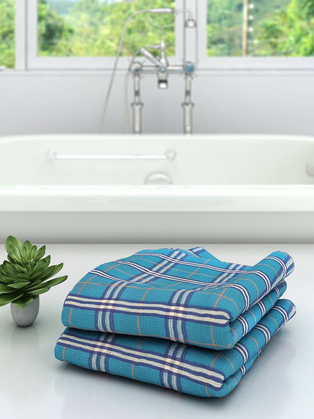 

Athom Trendz Unisex Set of 2 Blue & White Checked 210 GSM Premium Bath Towel
