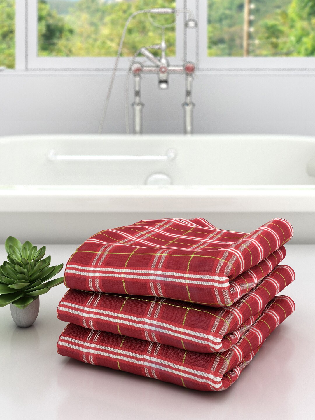 

Athom Trendz Unisex Pack Of 3 Red & White Checked 210 GSM Premium Bath Towels