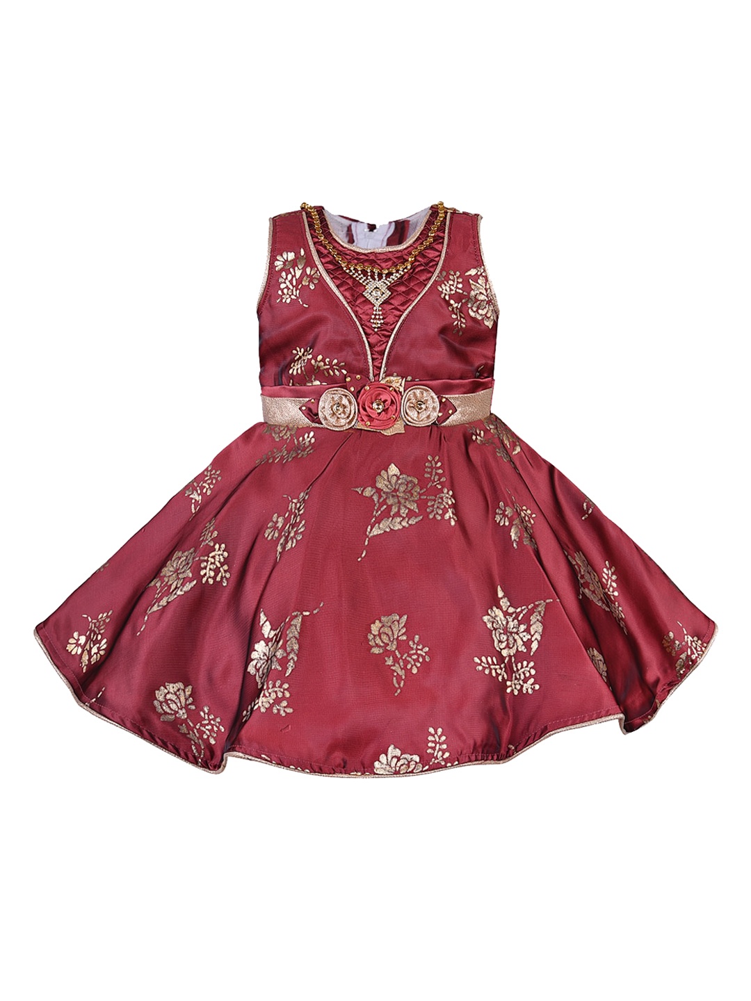 Wish Karo Girls Maroon & Gold Floral Print Fit and Flare Dress