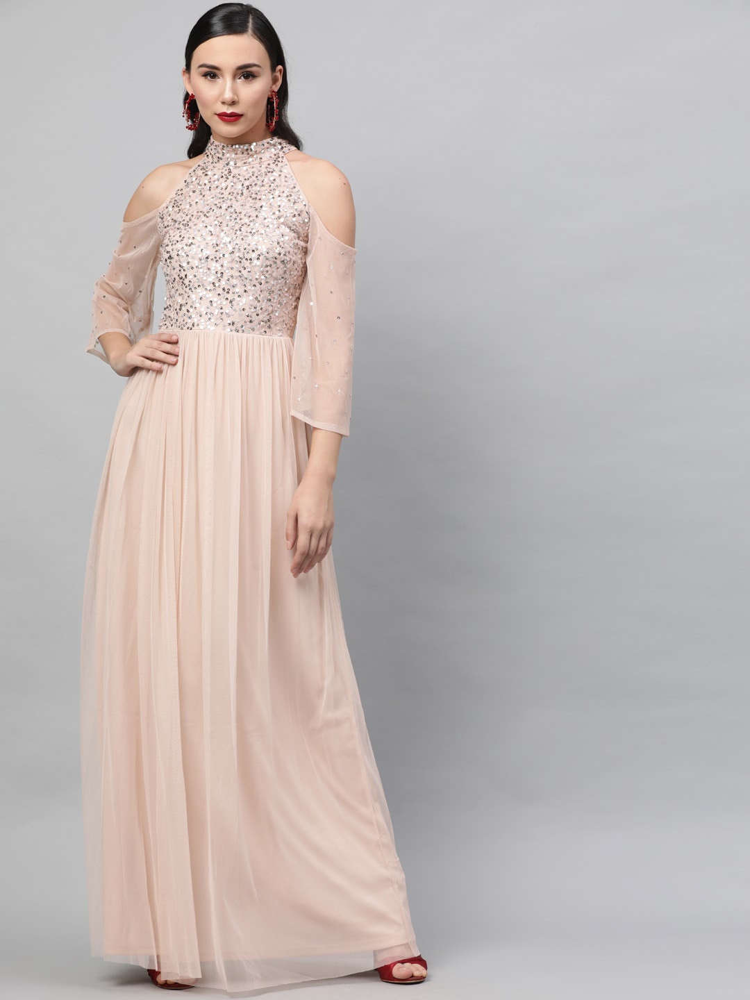 STREET 9 Women Peach-Coloured Embellished A-Line Dress
