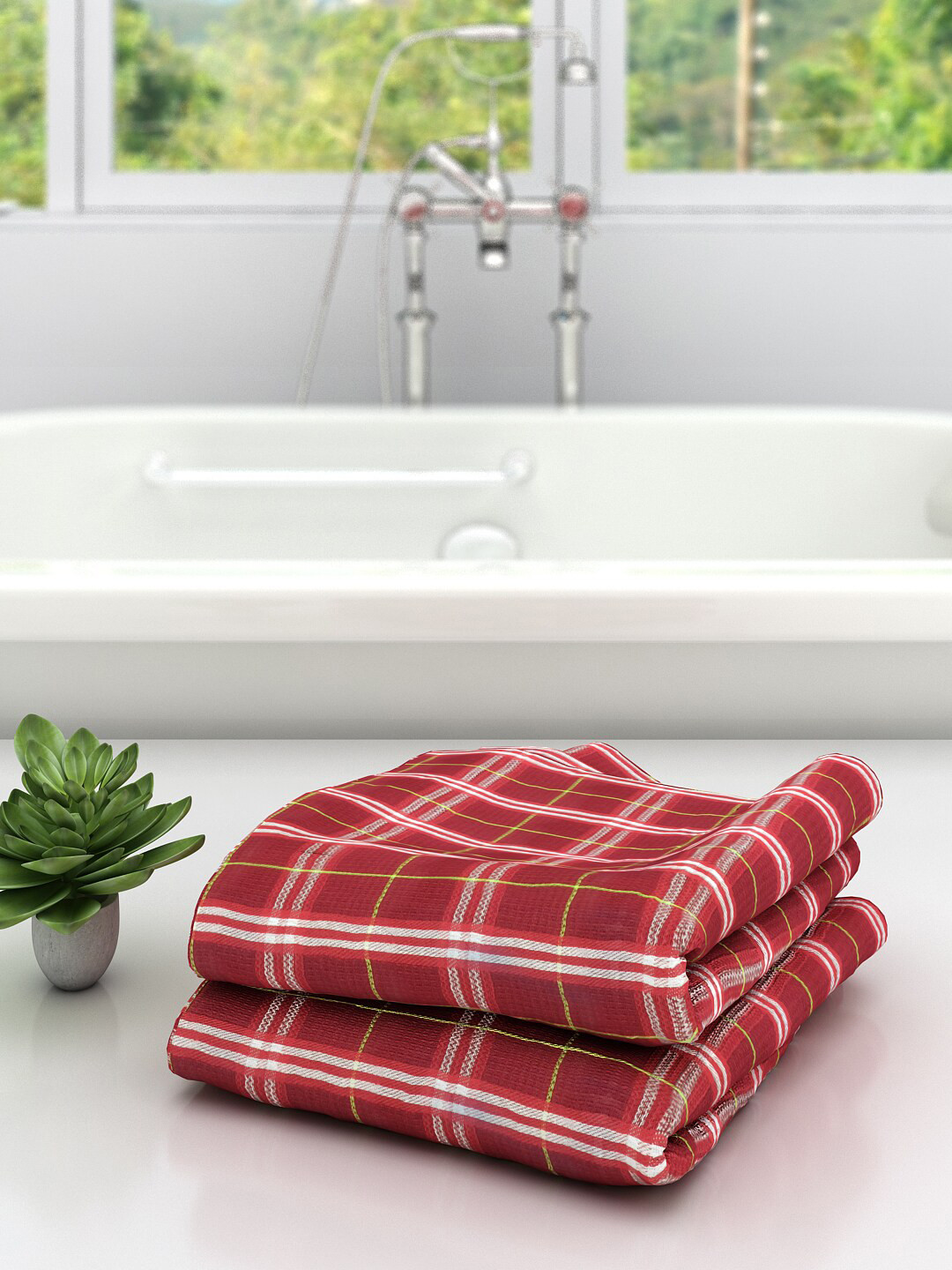 

Athom Trendz Unisex Set of 2 Red & White Striped 210 GSM Towel