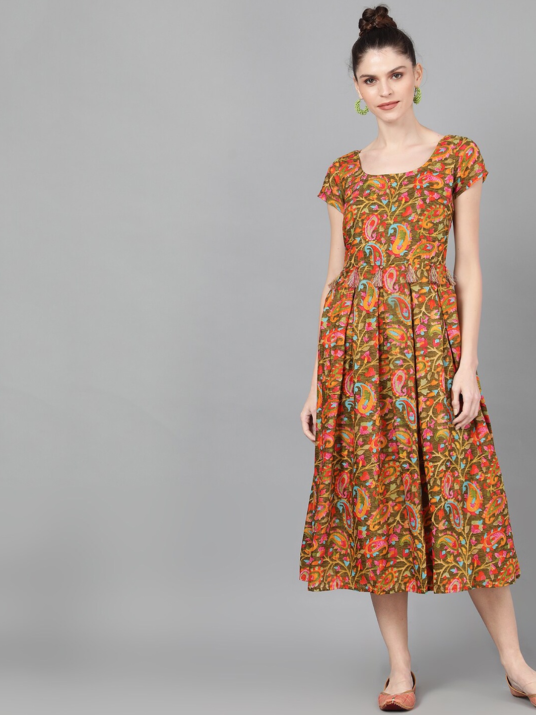 

AKS Women Olive Green & Orange Floral Printed Fit and Flare Dress