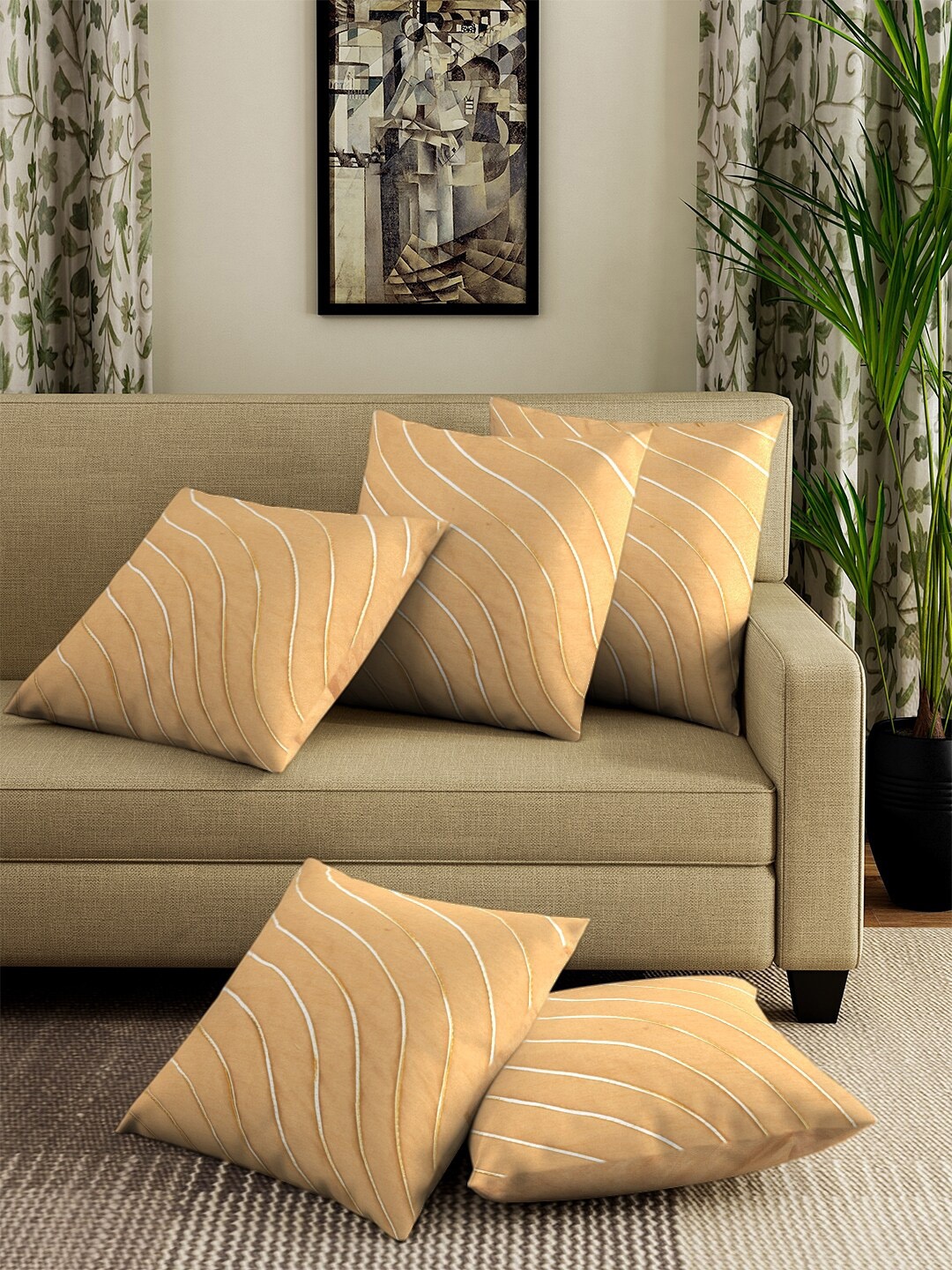 

DREAM WEAVERZ Camel Brown & Gold-Toned Set of 5 Self Design Square Cushion Covers