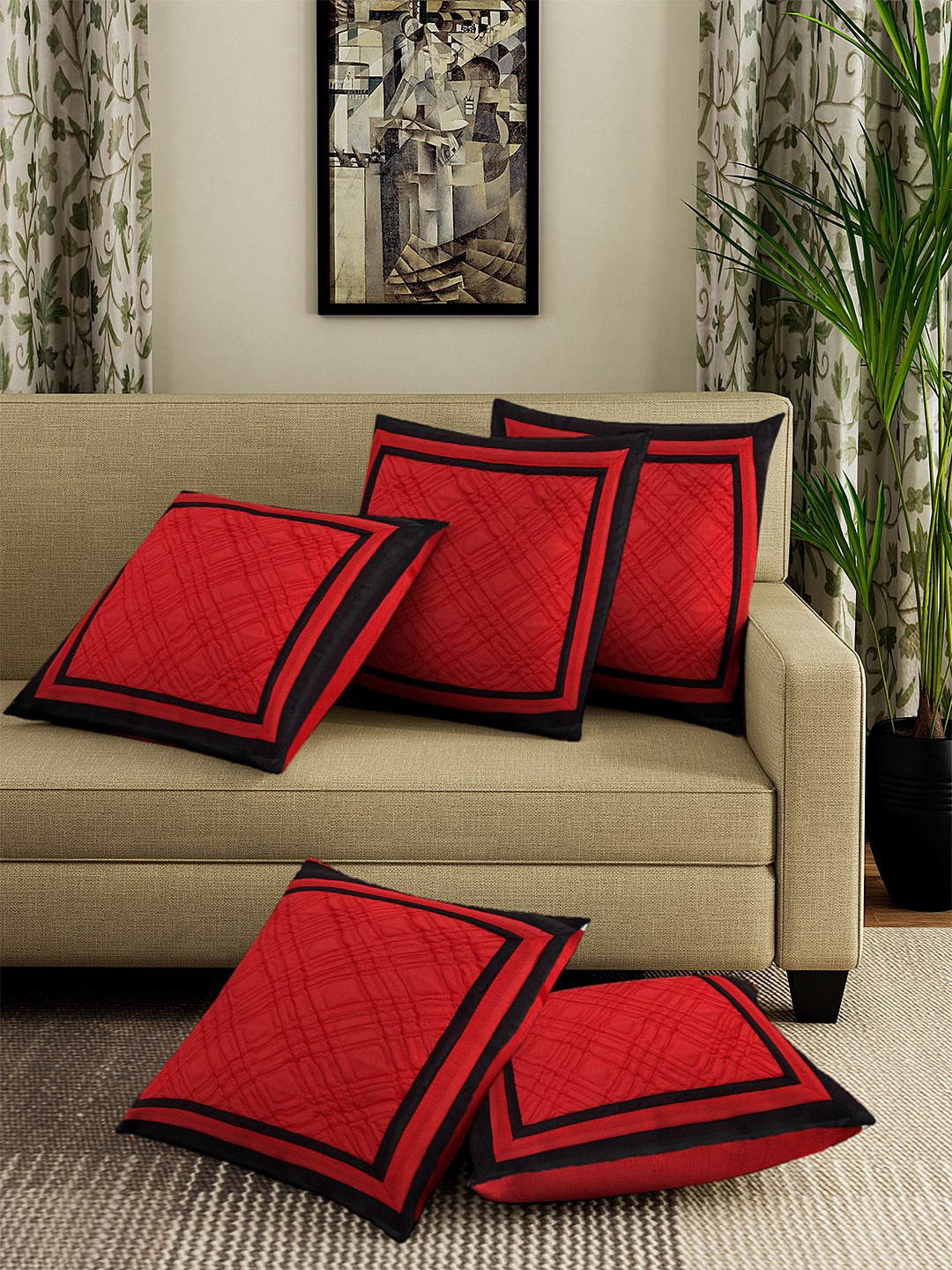 

DREAM WEAVERZ Red & Black Set of 5 Self Design Square Cushion Covers