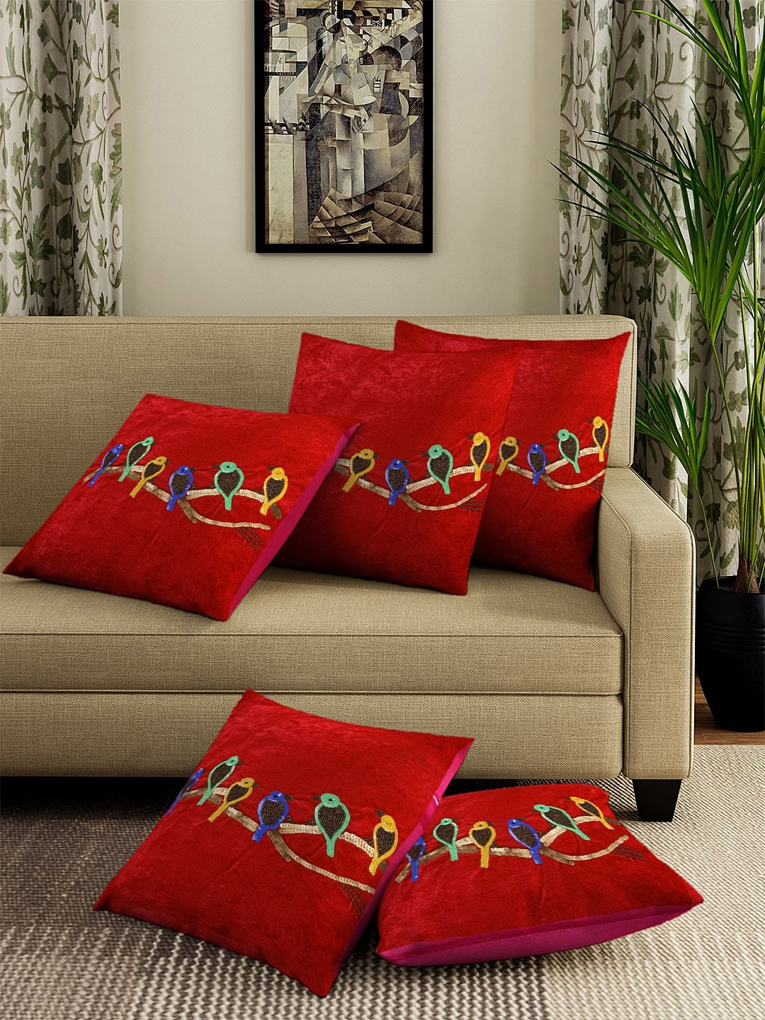 

DREAM WEAVERZ Red & Blue Set of 5 Embellished Square Velvet Cushion Covers